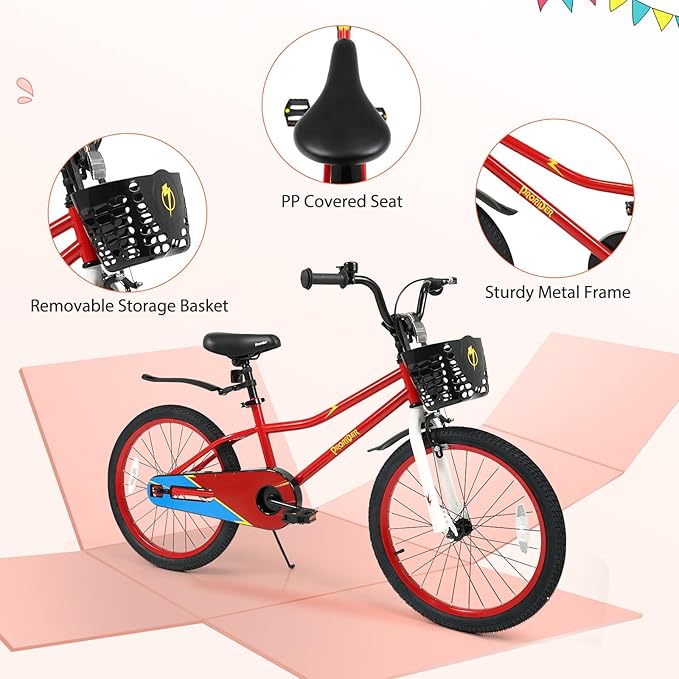 BABY JOY Kids Bike, 12 14 16 18 20 Inch Children Bikes for Boys Girls Teens 3-8 8+ Years w/Training Wheels or Kickstand, Handbrake, Coaster Brake & Removable Basket, Kids Bicycle of Multiple Colors