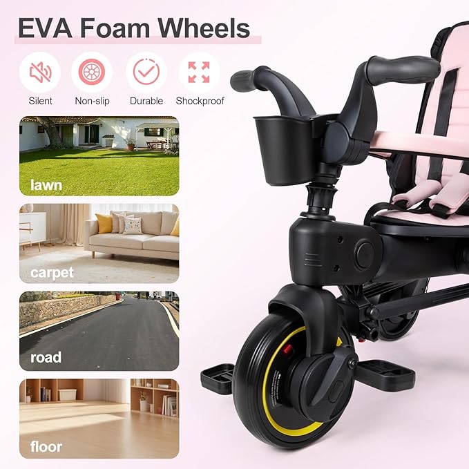 5-in-1 Compact, Foldable Tricycle - Suitable for Toddlers 10 to 36 Months Push Tricycle Bike for Toddlers with Removable Handle Seat Adjustable Canopy for Kids Pink