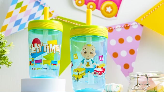 Zak Designs 15oz Cocomelon Kelso Tumbler Set, Leak-Proof Screw-On Lid with Straw Made of Durable Plastic and Silicone, Perfect Bundle for Kids