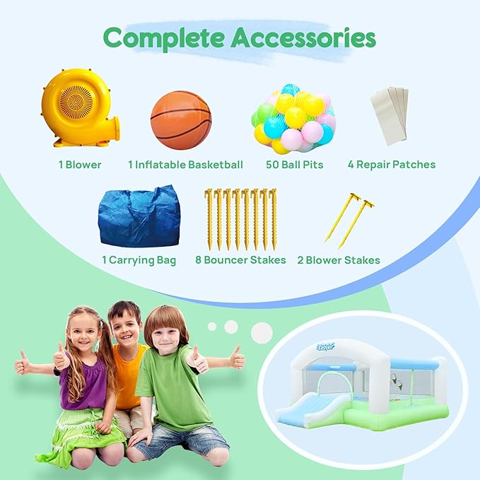 Large Bounce House for Big Kids, 14.8 x 14.5 FT Inflatable Bouncer Jumper Slide with 650W Blower, Basketball Hoop, Throw Ball Game, Ball Pits White