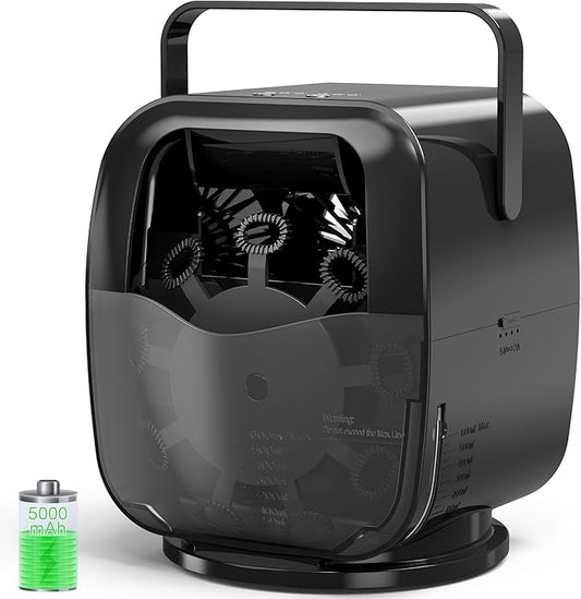 KIDWILL Rechargeable Bubble Machine, Automatic Bubble Blower - 5,000mAh Power, 90°/180°/360° Auto Rotation, 3 Speeds - Bubble Maker Toy for Toddler, Kids, Pets, Parties Indoor Outdoor