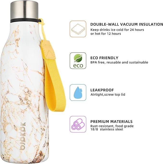 BJPKPK Insulated Water Bottles, 18 oz Stainless Steel Metal Water Bottle with Strap, BPA Free Leak Proof Thermo, Mugs, Flasks, Reusable Water Bottle for Sports & Travel, Marble-Amber