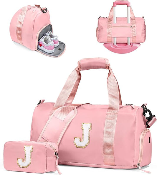Gifts for Niece-Girl Gym Bag with Shoe Compartment, Kid Personalized Weekender Overnight Bags, Initial Travel Tote with Makeup Pouch, Birthday Gift for Sister Granddaughter (Letter J)