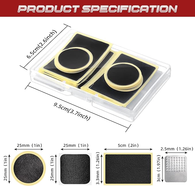 40 Pieces Bicycle Tire Repair Kit Includes 36 Pieces Glueless Bike Tube Patches Self Adhesive Bicycle Tire Patches Included Round Square Rectangle and 4 Pieces Metal Rasps for Road Mountain Bikes