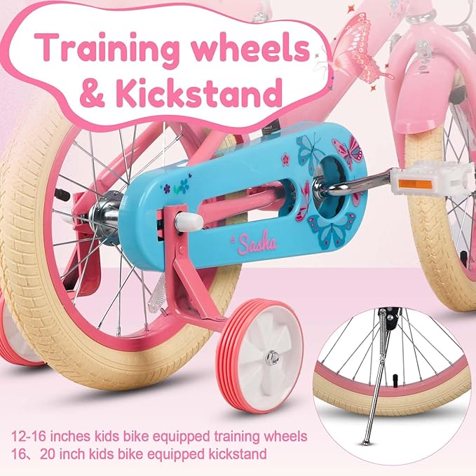 Glerc Sasha Girls Bike, 12-20 Inch Kids Bike for Ages 2-13 Years Old Children, Retro Vintage Style Kids Bicycle with Doll Bike Seat, Basket and Training Wheels, Multiple Colors