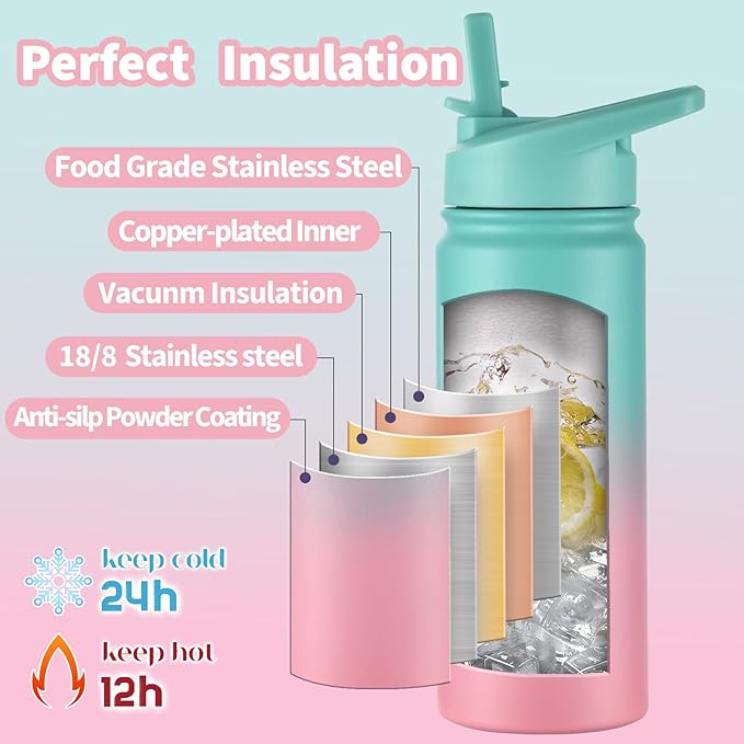 Mininoo Girls Water Bottle for School, 16oz Stainless Steel Insulated Metal Water Bottle with Straw Lid for Boys (Sky/Pink)