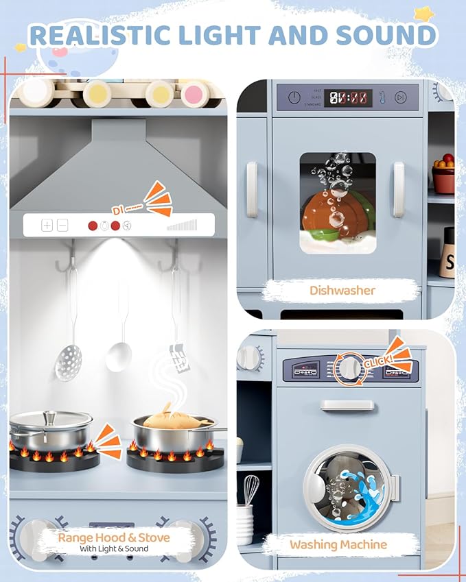 MAMIZO Wooden Corner Play Kitchen, Large Ultimate Interactive Toddler Pretend Kids Kitchen Playset with Blackboard, Stove & Range Hood w/Light & Sound, Ice Maker, Washing Machine, 6 Toy Set (Blue)