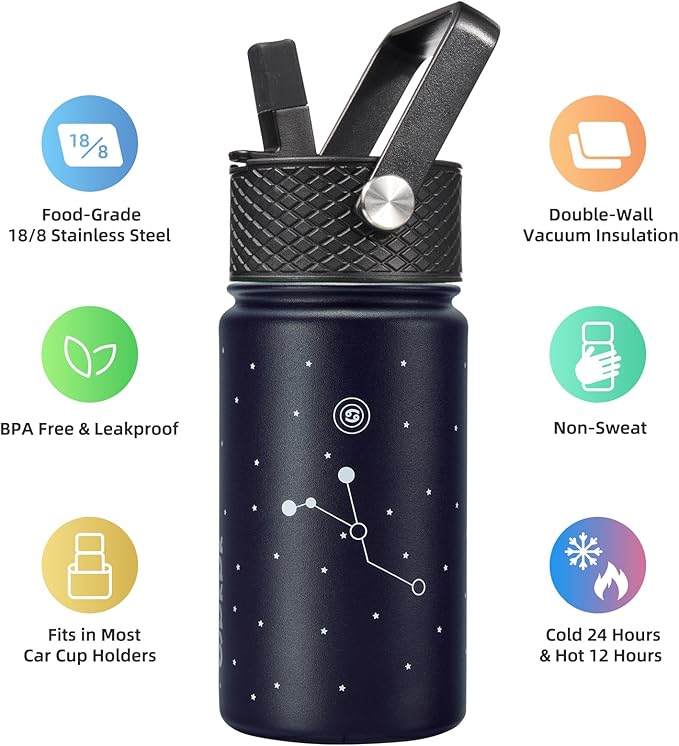 BJPKPK Water Bottle with Straw Lid, 15 oz Insulated Water Bottle, Stainless Steel Metal Water Bottles, Reusable Leak Proof BPA Free Thermo, Flask, Cups,Constellation-Cancer