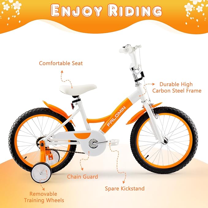 14/16/18 Inch Children’s Bike for Toddlers Kids Ages 3-9, Safe Non-Slip Tires, Removable Training Wheels, Coaster Brake, Easy Assembly, Perfect for Boys and Girls, Orange