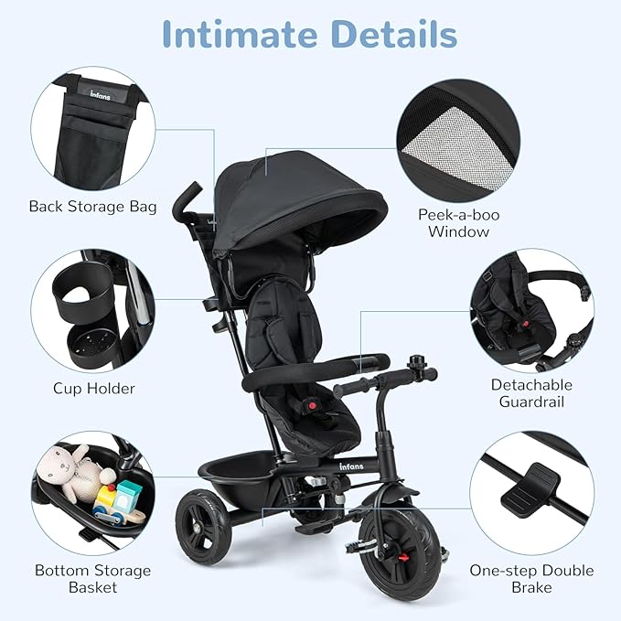 INFANS Kids Tricycle, 6 in 1 Baby Trike Toddler Bike with Reversible Seat, Adjustable Push Handle, Control Direction, Removable Canopy, Safety Harness, Belt, Storage, 9-60 Months (Black)