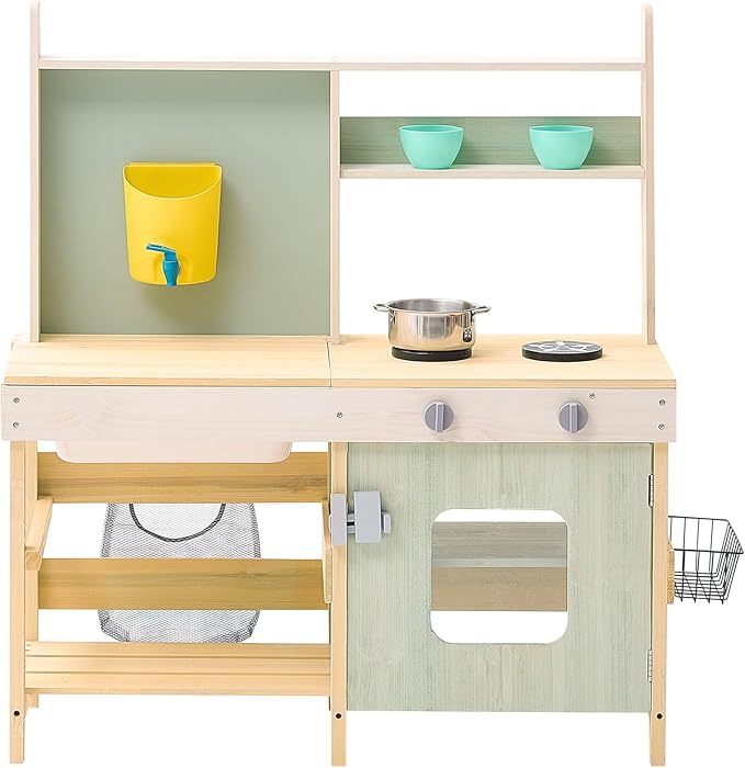 VEVOR Mud Kitchen for Kids, Wooden Toy Play Kitchen Set, Outdoor Toddler Grocery Store Playset, Pretend Play Kitchen with Stoves, Tank, Faucet, Storage Bag, Metal Baskets, and Cookware Pots