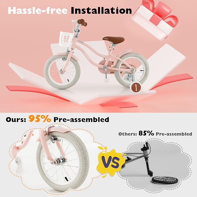 BABY JOY Kids Bike, 12 14 16 18 20 Inch Boys Girls Bike w/Adjustable Seat, Removable Basket, Handbrake & Coaster Brake, Training Wheels or Kickstand, Kids Bicycle with Multi-Color