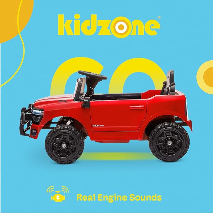 Kidzone 12V Licensed RAM 3500 Ride-On Truck for Kids, Battery Powered Electric Car w/Parent Remote Control & Manual Drive, Bluetooth, LED Lights - Red