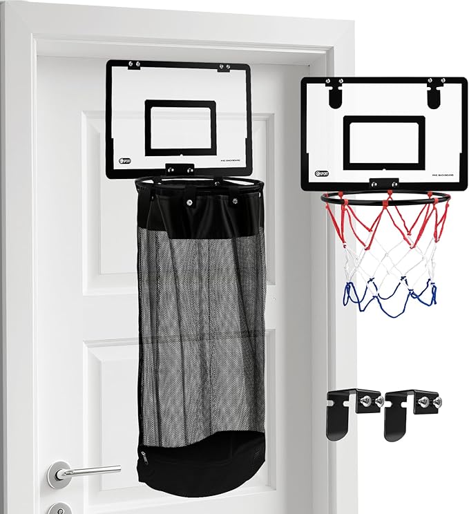 2-in-1 Over the Door Basketball Laundry Hamper and Basketball Hoop, Durable Hanging Sports Laundry/Clothes Basket with Hoop and a Bottom Zipper for Kids Teen Bedrooms, Dorm Rooms, Bathroom