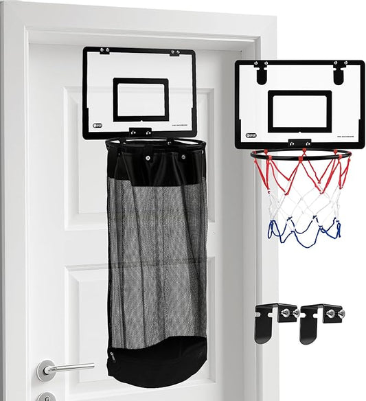 2-in-1 Over the Door Basketball Laundry Hamper and Basketball Hoop, Durable Hanging Sports Laundry/Clothes Basket with Hoop and a Bottom Zipper for Kids Teen Bedrooms, Dorm Rooms, Bathroom