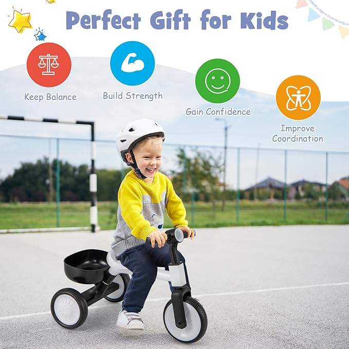 BABY JOY Toddler Tricycle, 2-in-1 Kids Tricycle Auxiliary Balance Bike with Carbon Steel Frame, Detachable Pedals & Removable Storage Basket, Toddler Trikes for 2-4 Year Old Baby Boy Girl