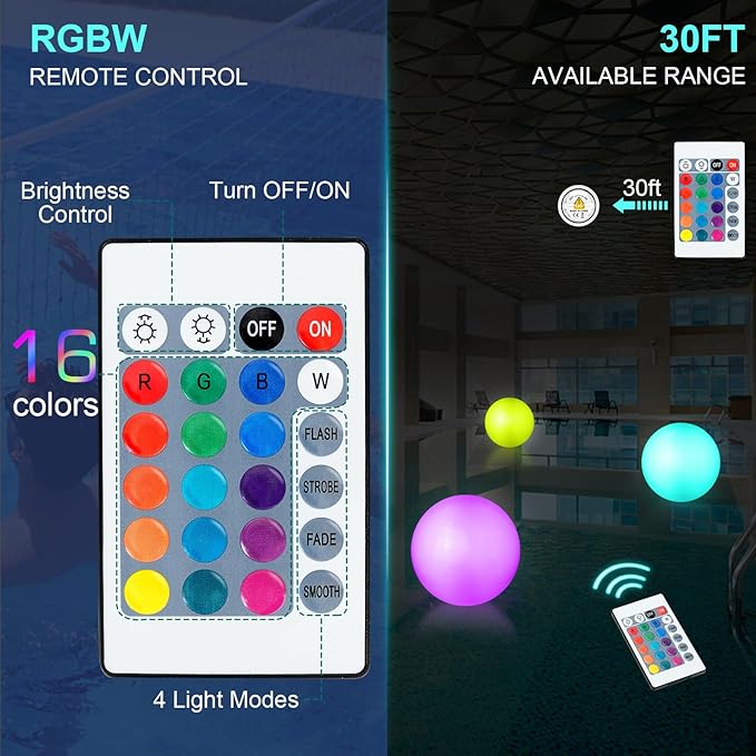 Pool Toys, LED Beach Ball, Glow in Dark Party Supplies, 4 Pack Inflatable Light up Ballon 12'' Floating Pool Light with Remote 16 Color 4 Mode