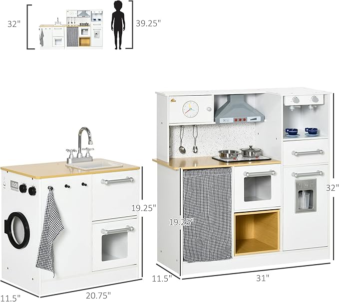 Qaba Kids Wooden Kitchen Playset with Sound Effects and Tons of Countertop Space, Wooden Corner Play Kitchen Set with Washing Machine, Imaginative Toy Pretend Restaurant, Ages 3-6, White