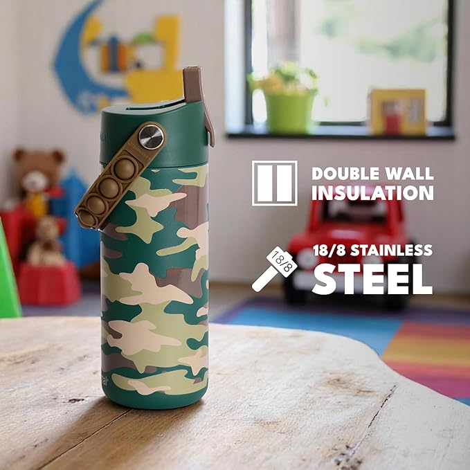 Elemental 100% Leak Proof When Spout is Closed Insulated Kids Water Bottle, Stainless Steel Bottle for School with Straw Lid & Pop-It Handle, Skater Dinos & Green Camo -18oz (2 Pack)