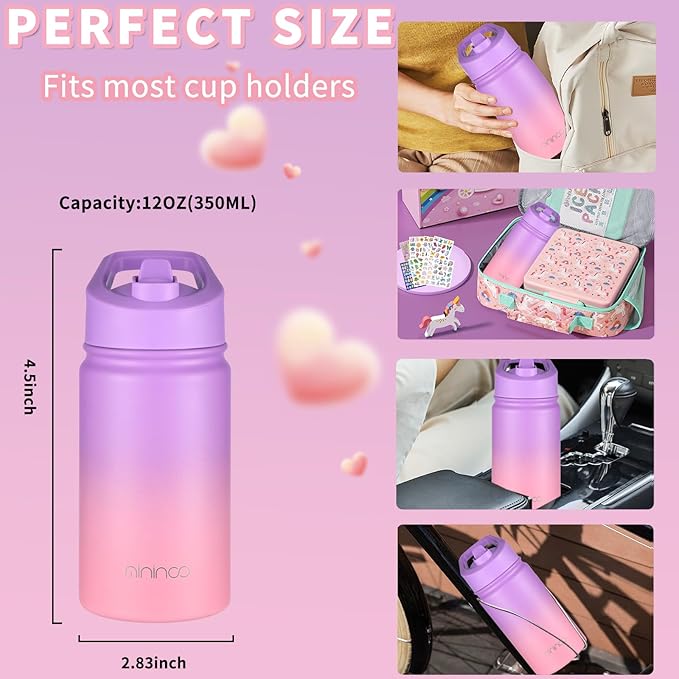 Mininoo Insulated Kids Water Bottle, 12 oz Stainless Steel Water Bottle Kids with Straw Lid and Chug Lid for Girls, Boys (Purple/Pink)