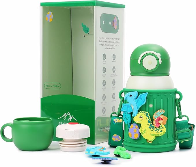 Kids Insulated Tumbler Set – 16 oz Stainless Steel Bottle with 2 Lids (Straw + Pour), Screw-On Cup, Adjustable Strap, Silicone Sleeve + 8 Charms – BPA-Free, Gift-Ready (Dinosaur)