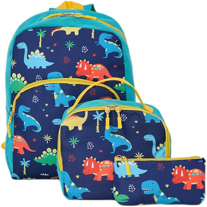 Cokouchyi 3 Pcs Kids Backpack Set with Lunch Box & Pencil Case, Lightweight Preschool Backpack for Boys Age 3-8, Kids Book bag Elementary, Dinosaur