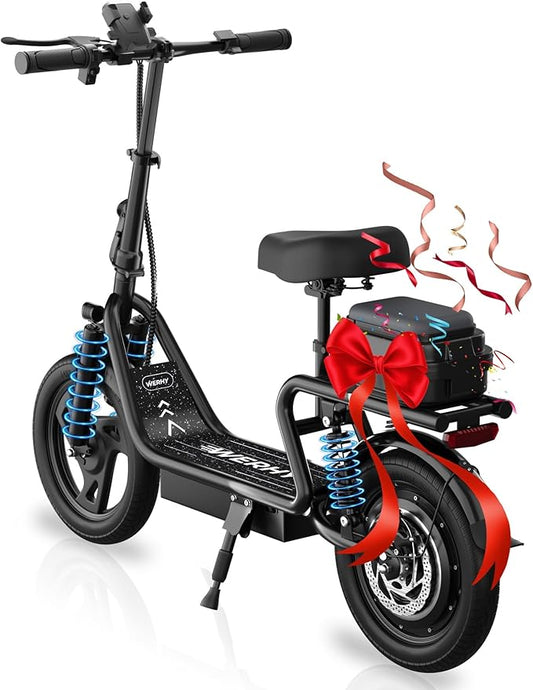 WERHY Electric Scooter, 500W Motor, 14'' Tires, Top Speed 22 mph, Max 27/49 Miles Ranges, Foldable E-Scooter with Suspension, Digital Display, Cruise Control,Rear Seat Box/Basket