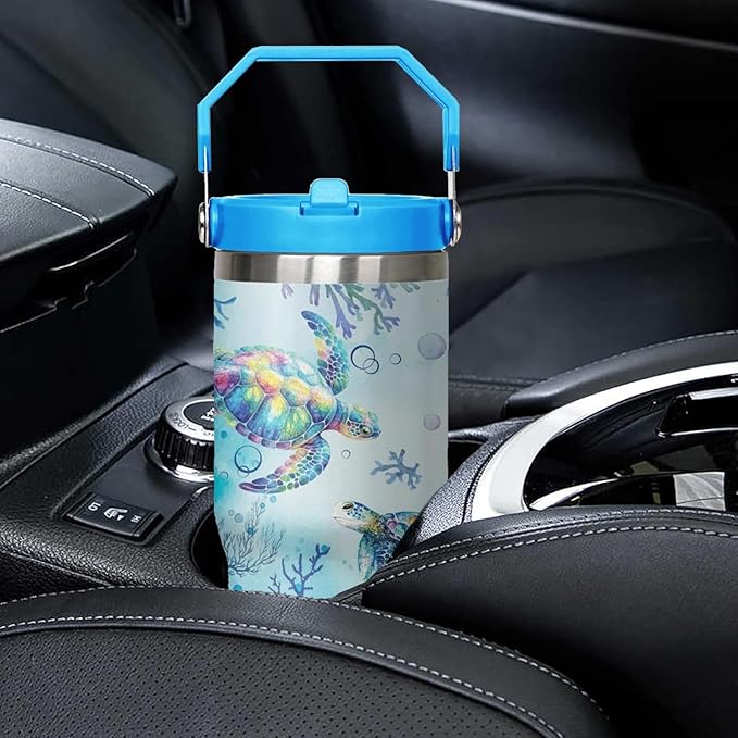 30 Oz Sea Turtle Tumbler with Handle Lid and Flip Straw,Double Wall Vacuum Stainless Steel Watercolor Ocean Turtle Cup,Water Bottle,Travel Coffee Mug,Hawaiian Sea Turtle Decor,Accessories