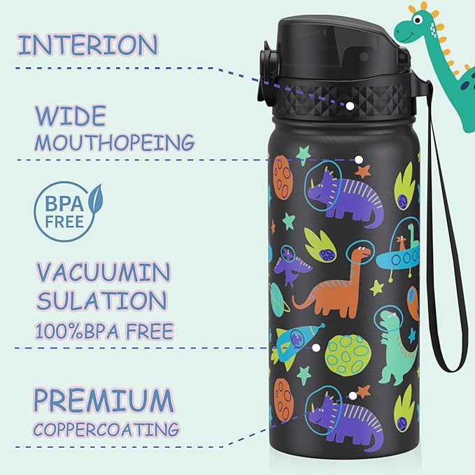 GOPPUS Kids Water Bottle (Straw Lid) - 18 Oz Stainless Steel Travel Bottle, Double Wall Vacuum Leak Proof Kids Cup for School Boys Girls,Space dinosaur