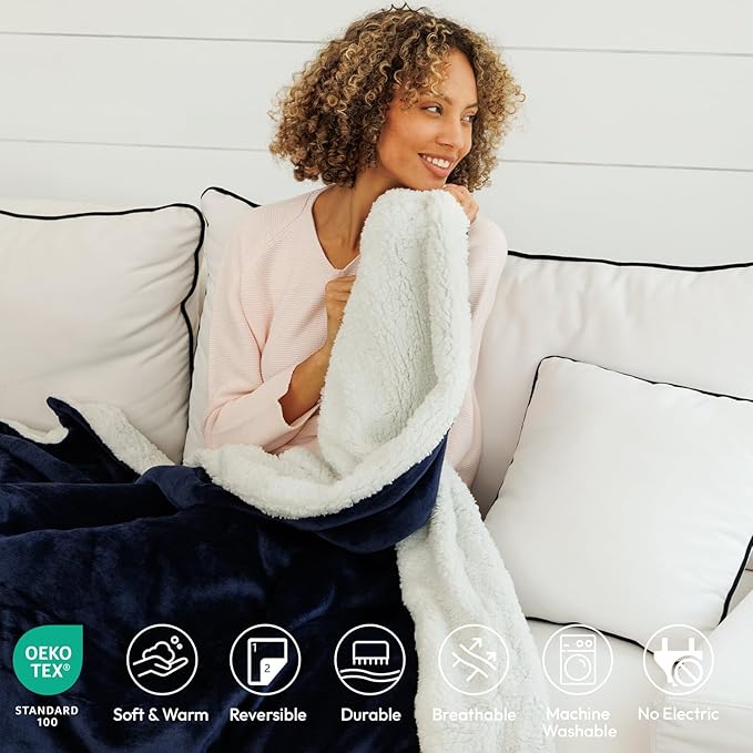 NANPIPER Sherpa Blanket for Couch, Warm and Lightweight Throw, Soft Fuzzy Plush Fleece for Winter, Estate Blue 50x60 Inches