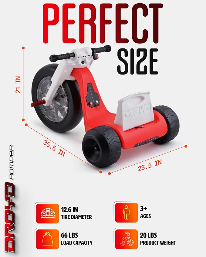 Droyd Romper Electric Tricycle for Kids 3+ Years, 24V Toy 3-6 MPH Max Speed & 45 Mins Max Long Lasting, Parental Speed Control Safe Trike with Adjustable Seat & LED Lights for Kids Gifts