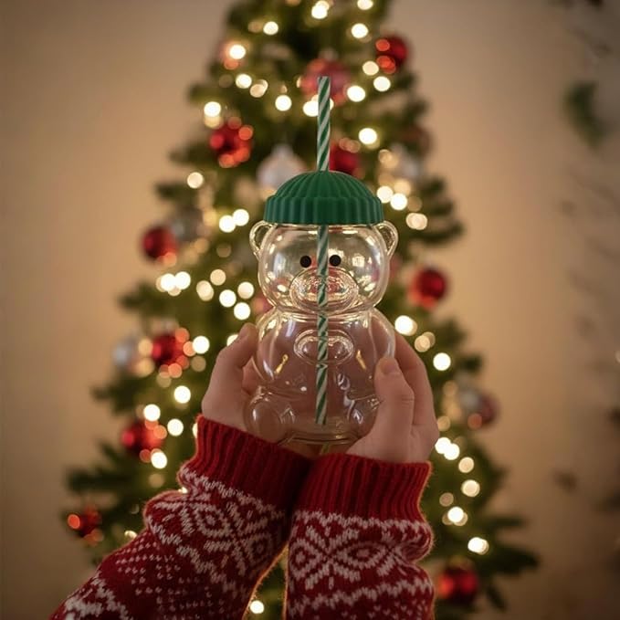 ASHATA Bear Water Bottle with Straw and Lid, Cute Water Bottles for Kids, 20 oz. Borosilicate Glass Drinking Cups for Girls Women for Coffee Milk Tea Drinks