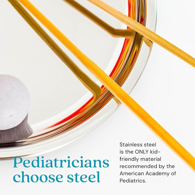 Ahimsa Stainless Steel Plates for Kids, 9" Polished Non Divided Stainless Steel Plate, Pediatrician Designed & Non Toxic, Unbreakable, Dishwasher Safe, Set of 4 Classic Silver