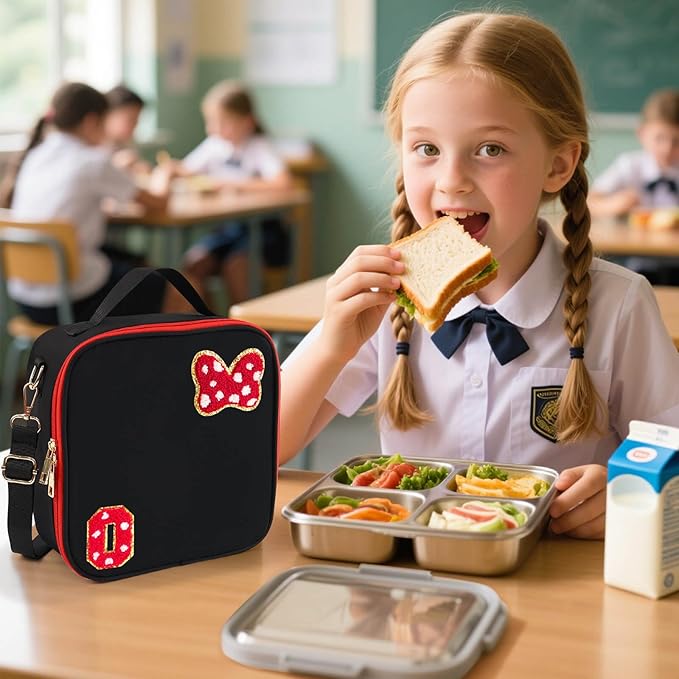 Preppy Initial Bow Mouse Lunch Bag, Kids Insulated Lunch Box Gifts for Teen Girls Daughter, Reusable Soft Lunch Containers Crossbody Cooler Bag Must Haves for Park Travel School Work Picnic Black O