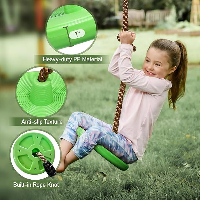REDCAMP 2 Pack Climbing Rope Swings for Trees, Heavy Duty Plastic Disc Swing Seat for Kids and Adults with Hanging Strap, Green