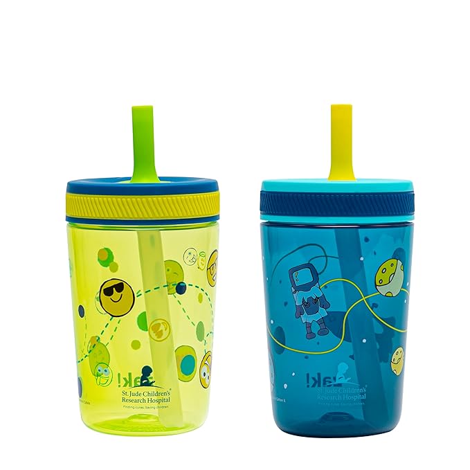 Zak Designs Kelso Toddler Tumblers Benefiting St. Jude, For Travel or At Home, 15oz 2-Pack Durable Plastic Sippy Cups With Leak-Proof Design is Perfect For Kids (Space and Smiles)