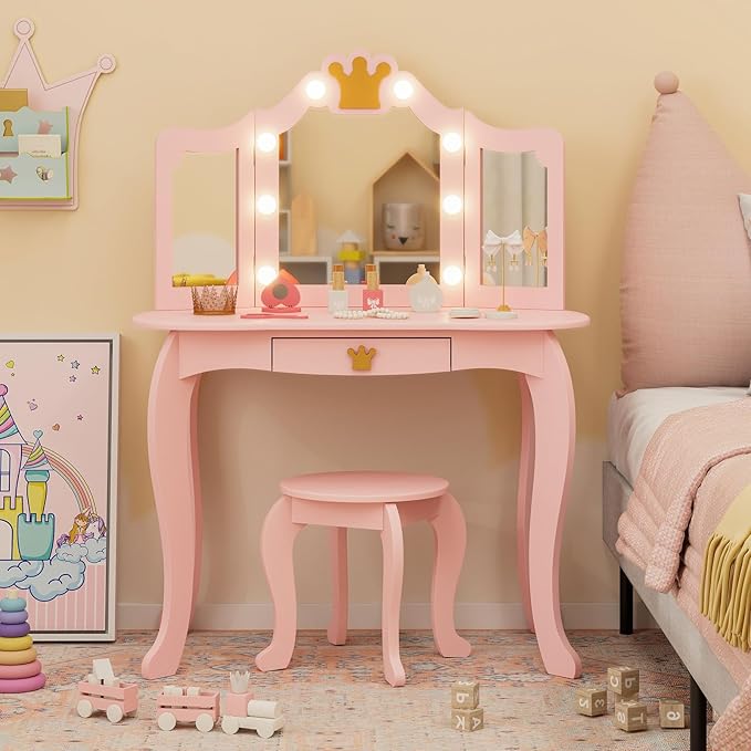 Costzon Kids Vanity with Lights, Girls Vanity Set with Mirror and Stool, Drawer, 2 in 1 Princess Makeup Desk Dressing Table, Kids Vanity Table and Chair Set (Pink)