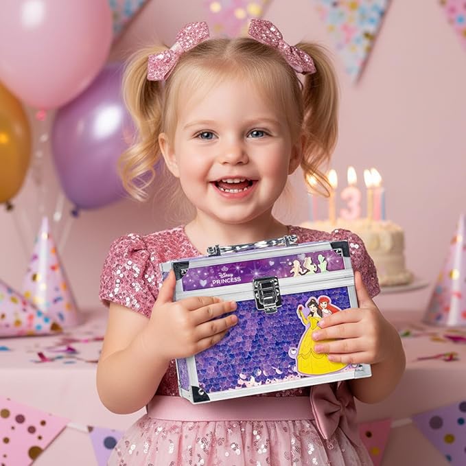 Disney Princess Train Case Beauty Set, Kids Makeup Kit for Girls, Real Washable Makeup Set, Play Makeup, Party Favor, Birthday, Ages 3 4 5 6 7 8 9 10 11 12 by Townley Girl