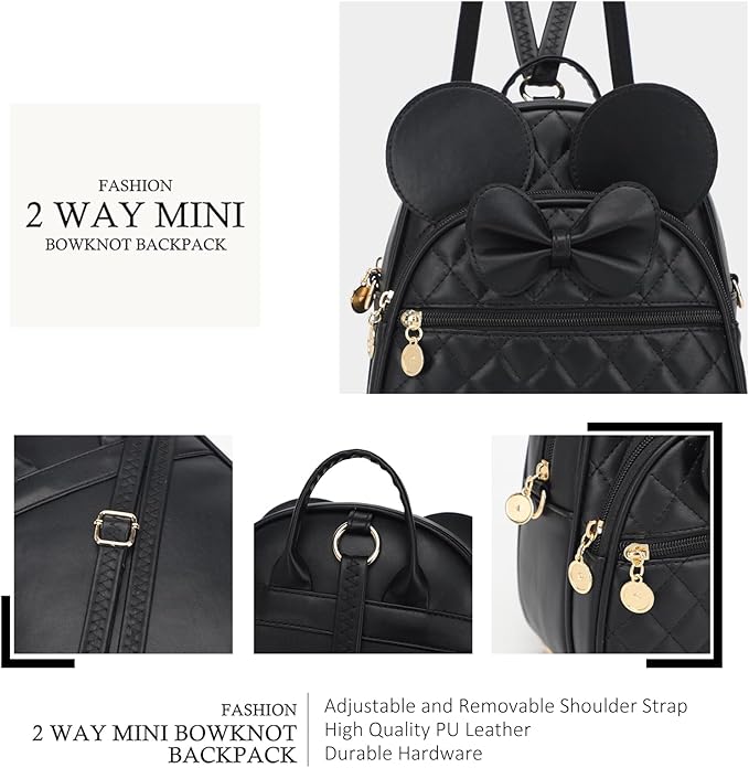 KL928 Girls Mini Backpack Bowknot Polka Dot Cute Small Daypacks Convertible Shoulder Bag Purse for Women