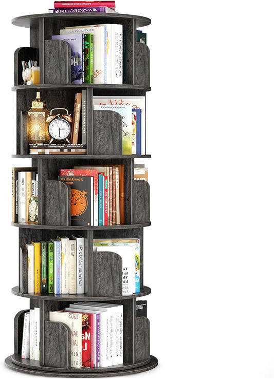 Rotating Bookshelf Tower, 5 Tier Spinning Bookcase, Revolving 360 Book Shelf Narrow Tall Bookcase, Vertical Turning Round Bookshelf Organizer, Wood Corner Book shelf for Small Space, Black Oak
