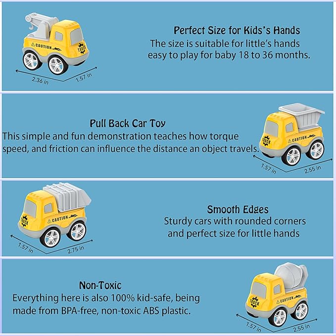Veslier Toddler Car Toys for 3 4 5 Years Old Construction Transport Truck with 4 Pack Small Pull Back Construction Vehicles Friction Power Cars Christmas Birthday Gifts for Kids Boys Girls