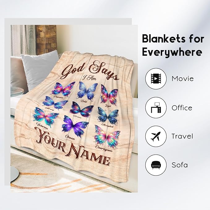 Personalized Butterfly Blanket with Name for Women, Girls & Kids - God Says I Am Fleece Fuzzy Throw for Couch, Inspirational Gifts for Her & Daughter, 40"x50"