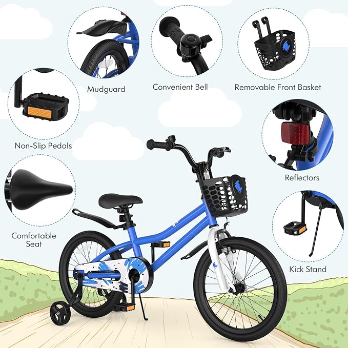 COSTWAY Kids Bike, 12 14 16 18 Inch Toddler Bike for Boys & Girls Aged 3-8 Years Old, Kids Bicycle w/Removable Training Wheels, Handbrake & Coaster Brake, Basket, Bell