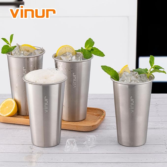 VINUR 4 Pack Stainless Steel Cups 20 oz Pint Tumbler Stackable Metal Drinking Glasses for Travel, Camping, Outdoors (Silver)