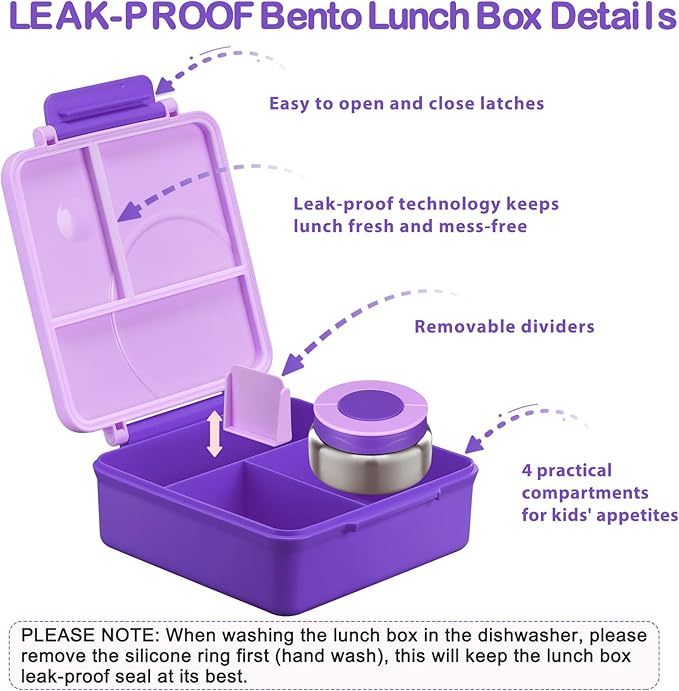 Bento Lunch Box Set for Kids with 8oz Soup Thermo, Leak-Proof Lunch Containers with 4 Compartment, Kids Thermo Hot Food Jar and Insulated Lunch Bag for Kid to School-Purple