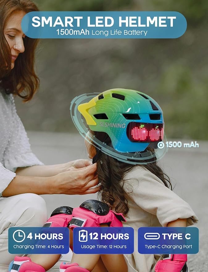 Kids Helmet - Toddler Bike Helmet with LED Turnning/Stop Signals & Customizable Display - Breathable Lightweight Boy/Girl Helmet for Skateboard, Roller Skate, Scooter