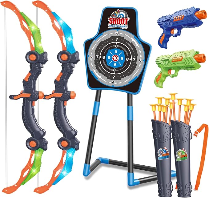 SpringFlower 2 Bow and Arrow Sets with LED Light-up,2 Foam Dart Guns for Kids 5 6 7 8 9 10+ Years Old, Archery Set with Standing Target for Boys & Girl, Ideal Gift
