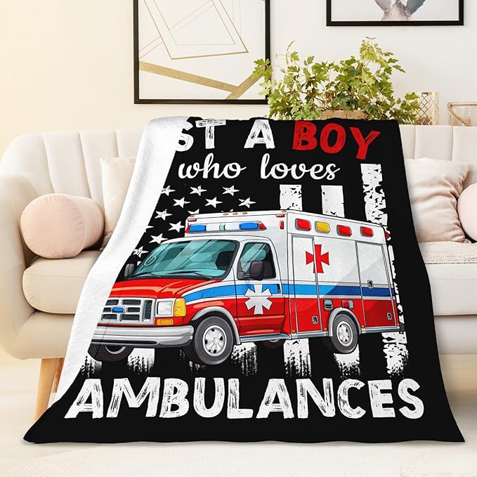 Boys Blanket Gifts, Ambulances Throw Blankets for Kids Teens, 40x50 Inches Cute Throws for Truck Lovers - Black Soft Fuzzy Car Blankets for Sofa Couch Bed