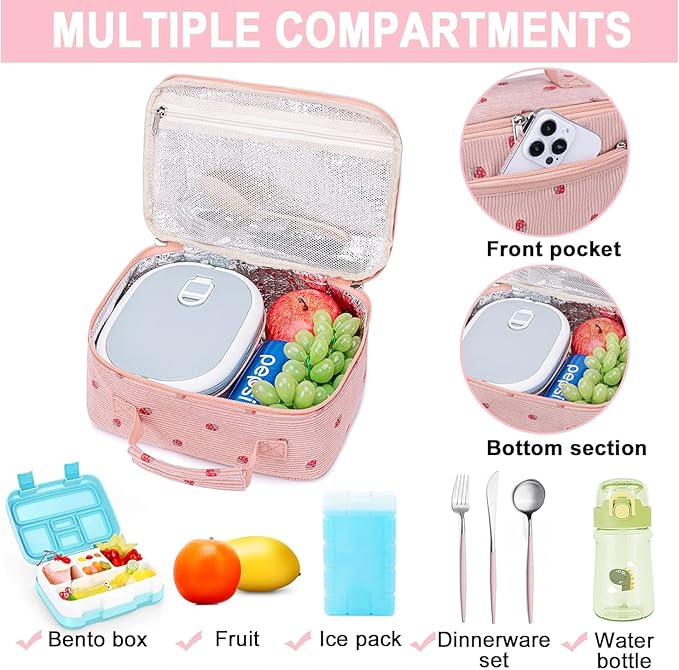 Bluboon Kids Girls Corduroy Pink Strawberry Lunch Box for School