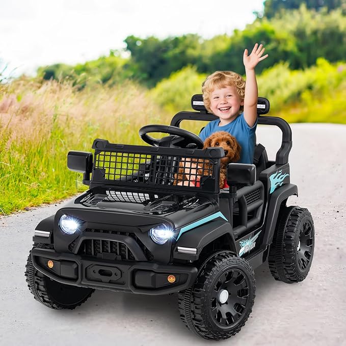 Costzon Kids Ride on Car Truck, 12V Electric Vehicle w/Foldable Mirrors, 3 Speeds, LED Lights, Music & Horn, Ride on Toys Remote Control Car for Toddlers, Boys & Girls (Black,34" × 23" × 21")